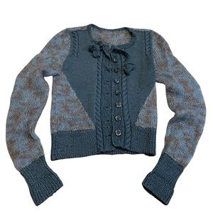 Vintage 70s Hand Knit Cable Cardigan | Blue Marled Wool Blend Small